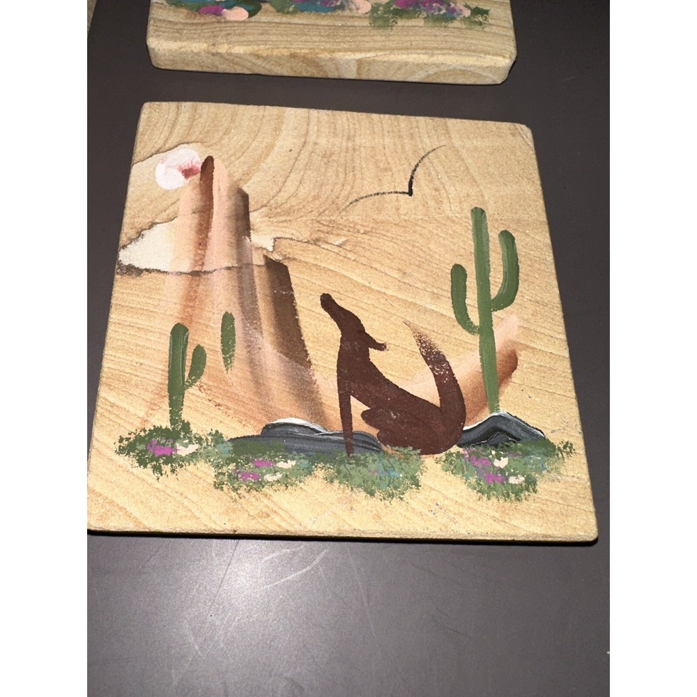 Sandstone Coaster Set Southwestern Signed Tasso Cactus Coyote Quail - Picture 4 of 7